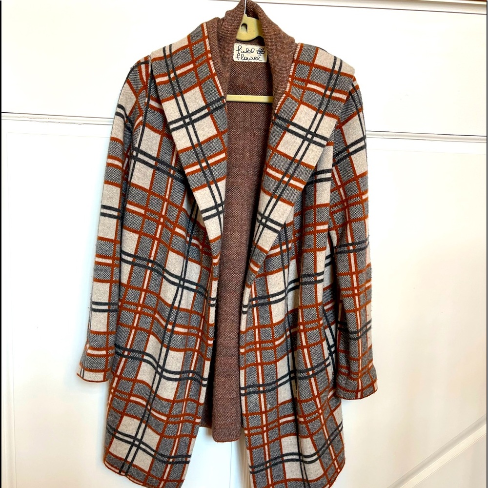 Plaid knit cardigan coat with hood